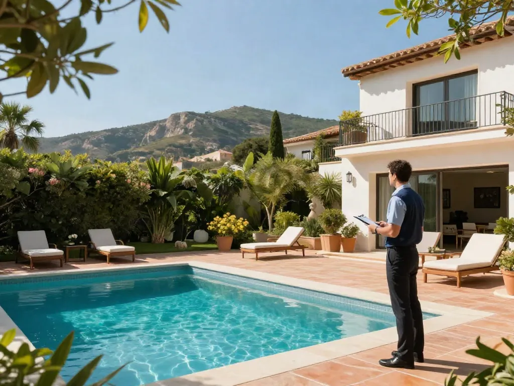Property maintenance Costa Blanca villa with manager inspecting the property, showcasing beautiful gardens and pool.